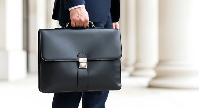 Close up of a business person in a suit carrying a black leather briefcase while walking past classical columns - Powered by Adobe