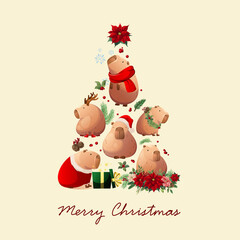 Merry Christmas. Postcard with cute capibaras. Vector.
