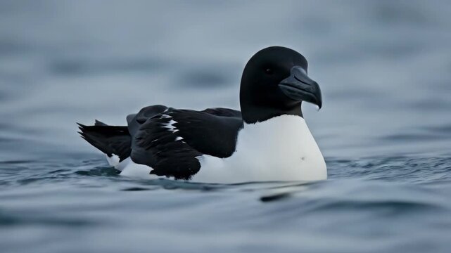 Razorbill Swims in the North Atlantic Ocean, Cold Water