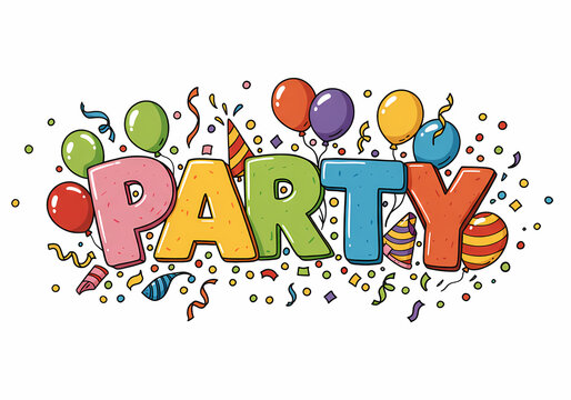 Colorful party text with balloons and confetti in festive style