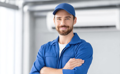 Portrait of happy male technician in blue uniform standing with crossed arms smiling confidently ready to service air conditioner system for home maintenance and repair work indoors