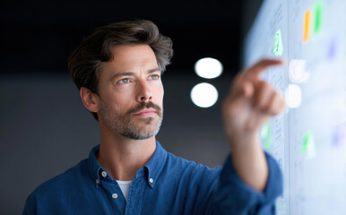 Serious businessman planning strategy on glass wall with sticky notes while looking focused and determined in modern office
