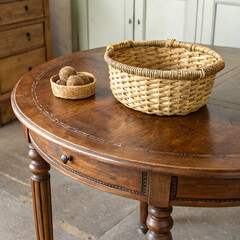 antique oak table round woven straw basket