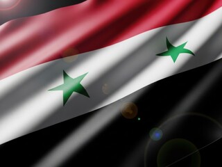 A closeup of the syrian flag waving in the wind, with light shining on the fabric and creating a sense of patriotism and national pride