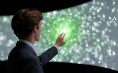Businessman touching futuristic digital screen with green glowing data particles, displaying innovation, technology, and virtual interaction concepts in high tech corporate environment