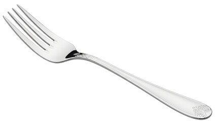 Closeup of a shiny metal fork isolated on white background, perfect for dining or culinary themes