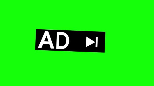 Animated skip ad button with a green screen background. The concept of removing ads from videos or websites.