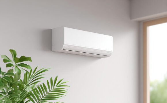 White air conditioner on wall in bright modern room next to green plant near window cooling home efficiently and creating comfortable atmosphere for relaxation during hot summer days - Powered by Adobe