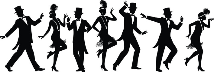 Black silhouettes of couples dancing in 1920s flapper and tuxedo attire art deco style