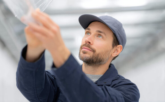 Serious professional manual worker in blue uniform and cap looking up while checking industrial equipment in warehouse with focused expression and dedication to hard work