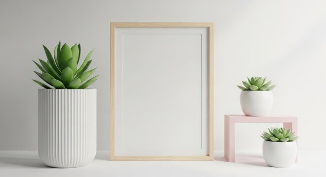 Minimalist home decor scene with succulent plants and blank picture frame display