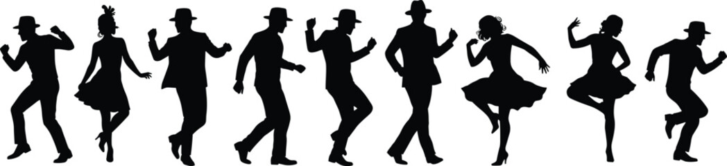 Black silhouettes of men and women dancing in various poses on a white background