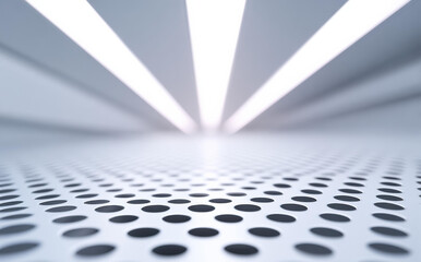 Abstract futuristic empty room with white perforated metal floor and bright clinical lighting strips ceiling showing modern high tech architecture cleanroom laboratory or data center interior
