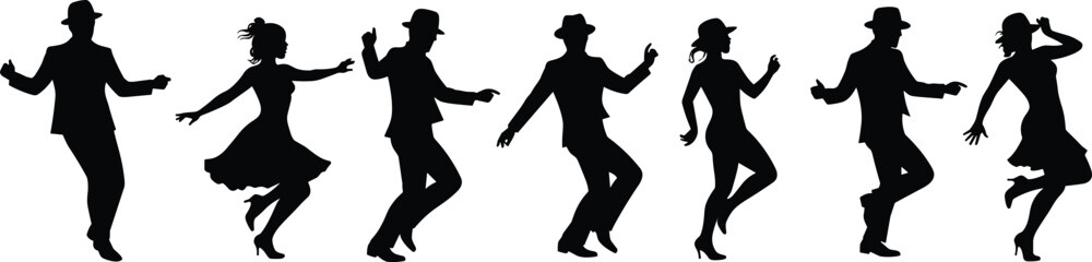 Black silhouettes of men and women in vintage attire dancing on a white background