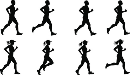 Black silhouettes of men and women running in profile on white background runner