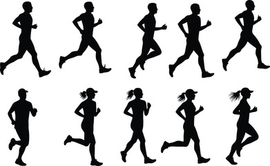 Black silhouettes of men and women running in various poses on a white background