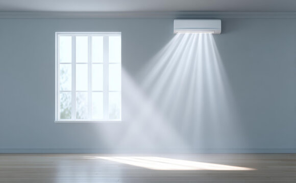 Modern room interior with air conditioner blowing cold air with soft light beam while sunlight entering through window to shiny wooden floor - Powered by Adobe