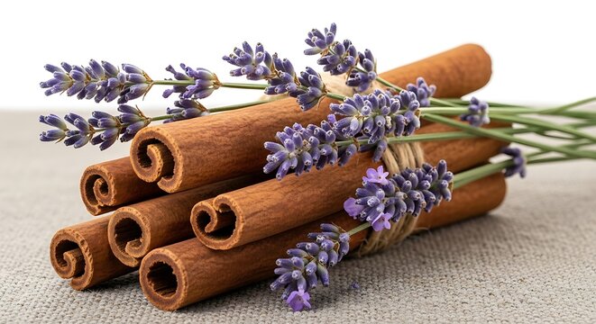 Aromatic bundle of cinnamon sticks tied together with fresh lavender sprigs on a light surface