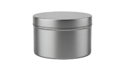 A silver metal container with a lid sitting on a black surface in a simple studio shot image style