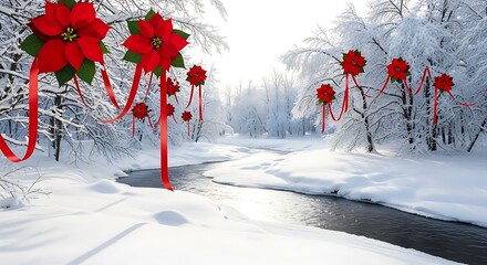 Festive red poinsettia decorations adorn a snowy winter landscape with a partially frozen stream flowing through the woods