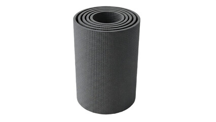 A rolled up gray yoga mat with a textured surface isolated against a black background in studio light