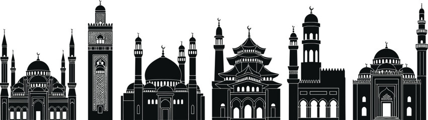 Collection of black silhouette mosque and minaret architectural designs with crescent moons