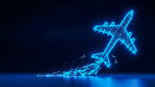 Abstract 3D render of a glowing blue polygonal airplane taking off, representing modern aviation, digital transformation, global connectivity and technological progress.