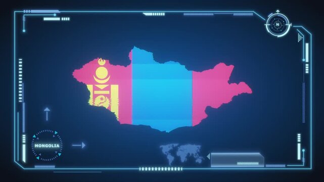 Futuristic Digital Mongolia map HUD animation, global network cyber technology, government, Country Map, Politics, Travel, News, and Sports Events.