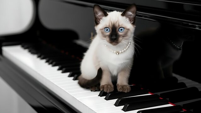 Tiny kitten standing on piano keys playing music, cute musician pet concept, studio shot, commercial animal talent