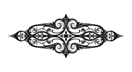 Ornate black decorative flourish or divider element with intricate swirling baroque scrollwork isolated on white background