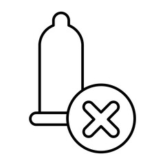 Condom ban thin line icon, protection concept. Vector graphics. Rubber with close button, forbidden item sign on white background, style icon mobile or web design.