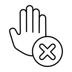 Hand gesture to stop thin line icon, safety concept. Vector graphics. Palm with close button, forbidden item sign on white background, style icon mobile or web design.