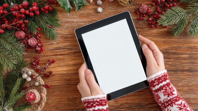 A pair of hands holding a blank tablet on a wooden table. Surrounding the tablet are festive decorations including pine branches and red berries.