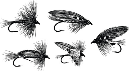 Five black and white line art illustrations of fishing lures fly fishing bait