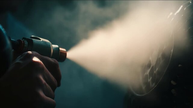 Technical Maintenance: Mechanic cleaning a car air filter with compressed air in a garage. Close-up