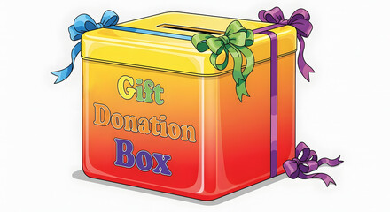 Gift donation box with colorful ribbons and a slot for donations, showcasing gift donation box concept. Box designed for charitable contributions, adorned with vibrant ribbons.