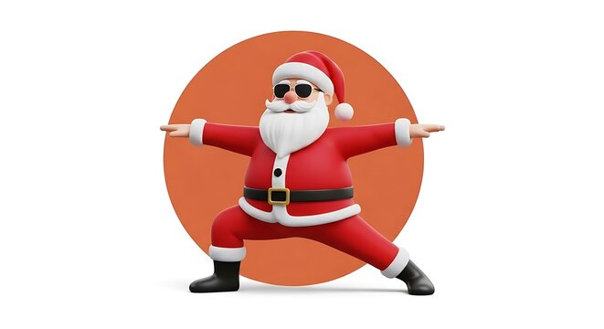 3d rendering of santa claus wearing sunglasses and doing a warrior two yoga pose isolated on white background