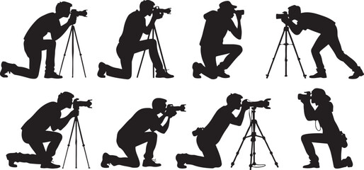 Silhouette of photographers in various poses with cameras and tripods