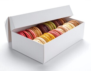 Assorted macarons elegantly arranged in a crisp, white box; enticing hues and textures against a bright backdrop