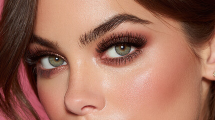 Fototapeta premium Close-up of a Woman's Eyes with Beautiful Makeup and a Pink Background for Beauty Concepts
