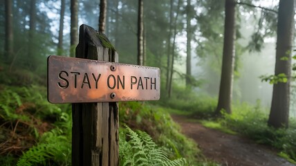 Fototapeta premium Wooden stay on path sign in misty forest trail 