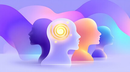 A row of abstract human heads in profile, transitioning in color from dark purple to bright orange and blue, with the central head featuring a glowing golden spiral symbolizing thought or creativity