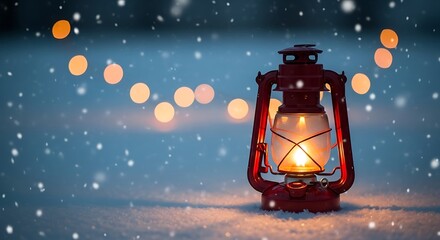 A glowing red kerosene lantern sits on snow during a gentle snowfall with soft bokeh lights in the background