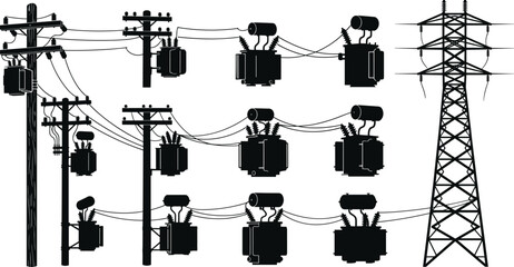 Silhouette Vector Set of Electric Utility Poles Transformers and High Voltage Transmission Towers for Power Grid Infrastructure
