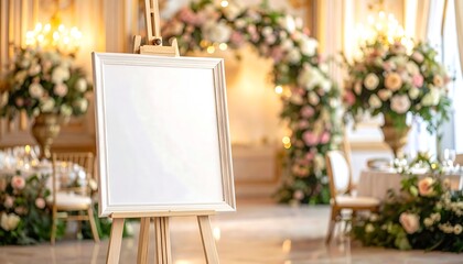 Blank canvas easel at a wedding with floral arch and dining tables in a luxe, bright ballroom setting