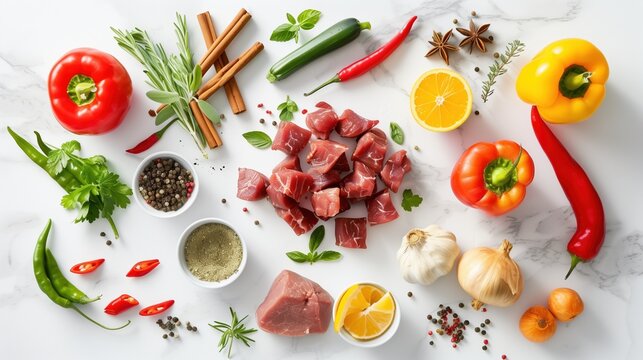 National Pepper Pot Day: Overhead flat lay of pepper pot soup ingredients arranged artistically, fresh scotch bonnet peppers, cinnamon sticks, raw beef cubes, cassava root, fresh herbs