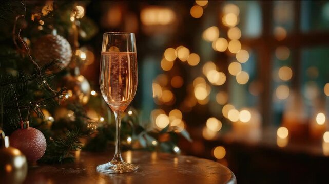 A cozy New Year's Eve: Two glasses of champagne against a background of golden bokeh lights and a Christmas tree
