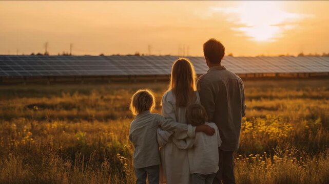Family Legacy: Parents and children walking along a field of solar panels at sunset