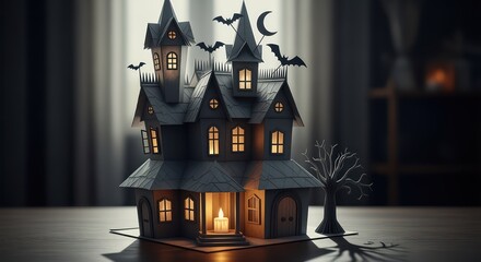 Spooky haunted house paper model with bats and a creepy moon, perfect for Halloween promotions and eerie seasonal designs, candlelit mystery