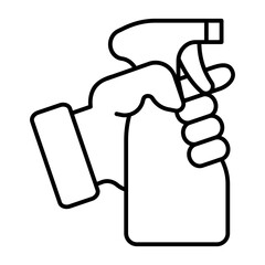Spray bottle in hand thin line icon, washing concept. Vector graphics. Hand with antiseptic bottle sign on white background, style icon mobile or web design.